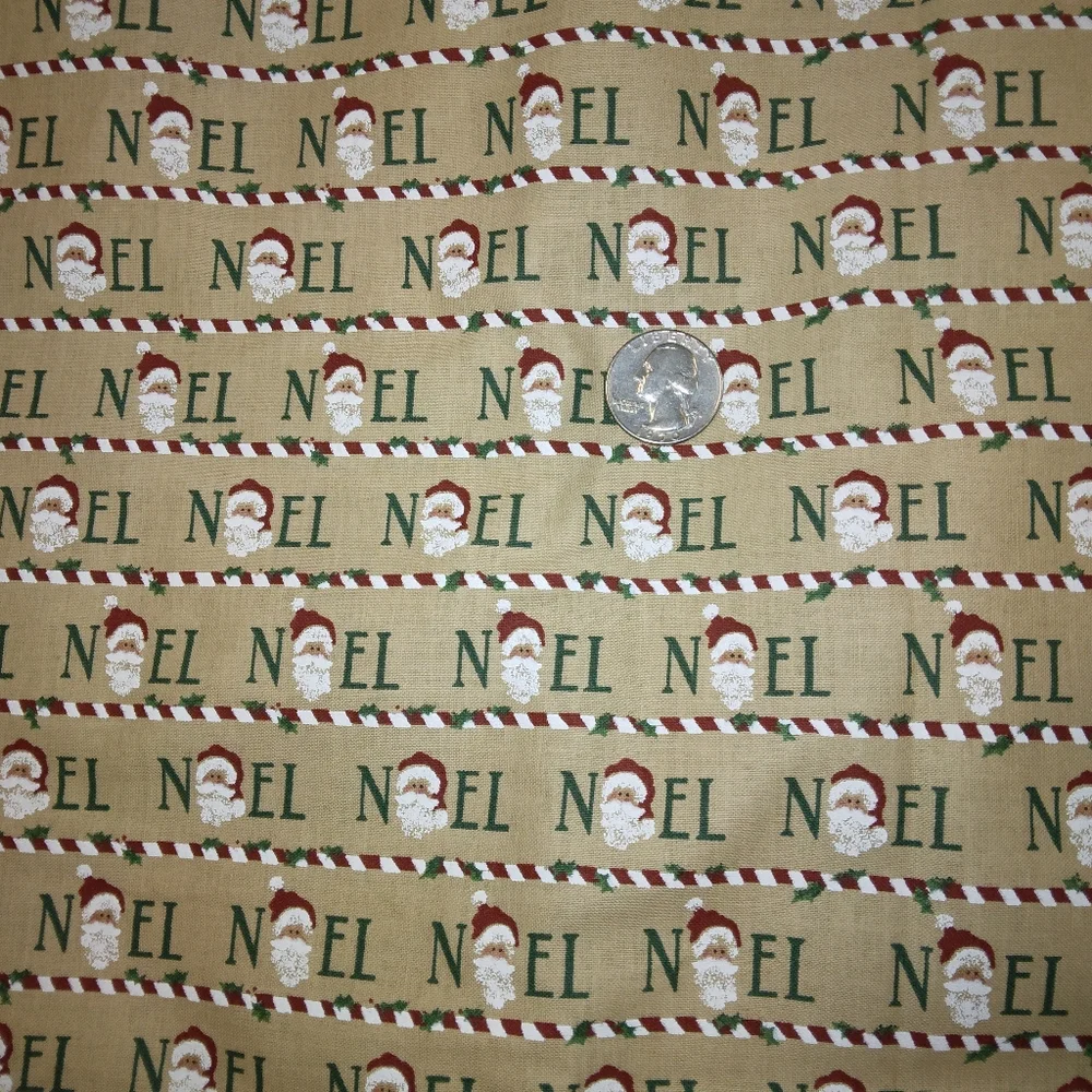 FABRIC Noel all over Stripes of words with Santa heads, Christmas fabric